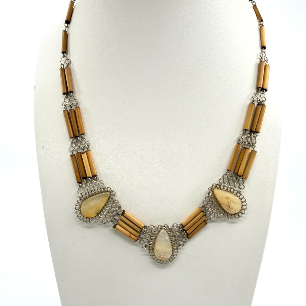 Vintage Bamboo & Mother of Pearl Silver Tone Wire Statement Necklace Classic